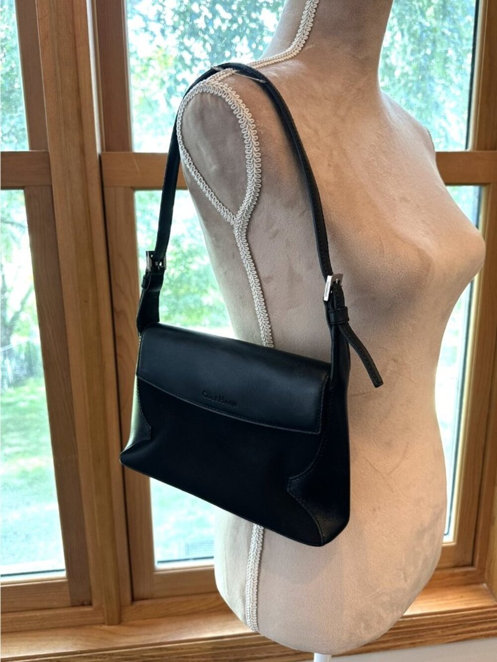 Cole Haan Black Leather & Fabric Shoulder Bag Purse Classic Minimalist